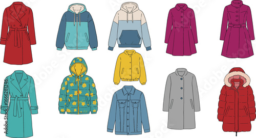 Winter and autumn coats and jackets collection, stylish outerwear including trench coats, hooded puffer jackets, denim jackets, colorful hoodies, and warm wool coats, perfect for cold weather