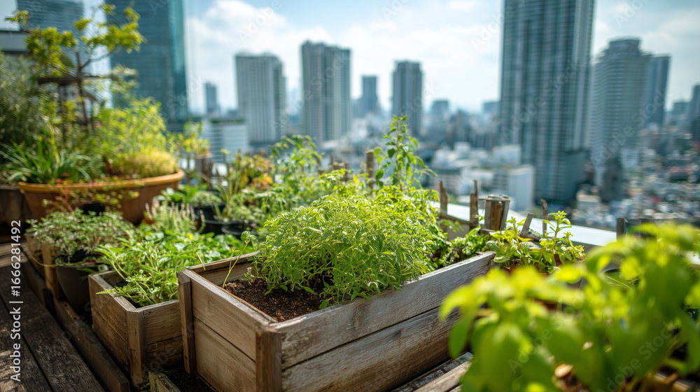 Fototapeta premium Urban Rooftop Garden with Wooden Planters and Cityscape Background