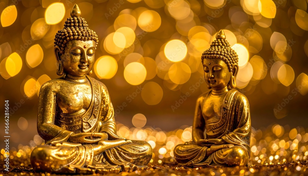 Fototapeta premium Two golden Buddha statues in a serene setting, bathed in warm golden light.