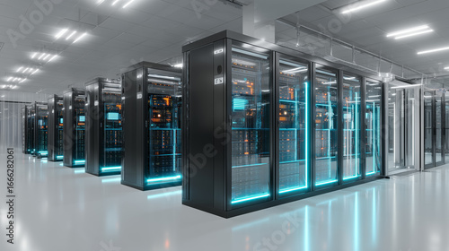 Modern Data Center with Rows of Server Racks Emitting Blue Light