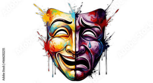A colorful split mask depicting happiness and sadness with paint splatter on transparent background