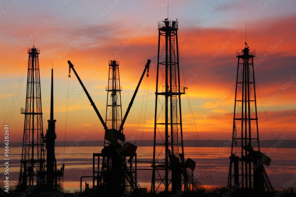 Obraz premium Oil drilling rigs silhouetted against vibrant sunset sky with orange and purple hues above calm water, symbolizing energy production concept. Ai generative
