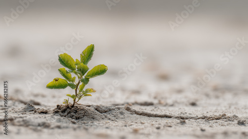 A small green plant emerging from dry, cracked earth