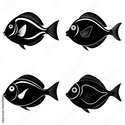 Illustration of four black and white tropical fish with detailed fins and distinct body shapes swimming