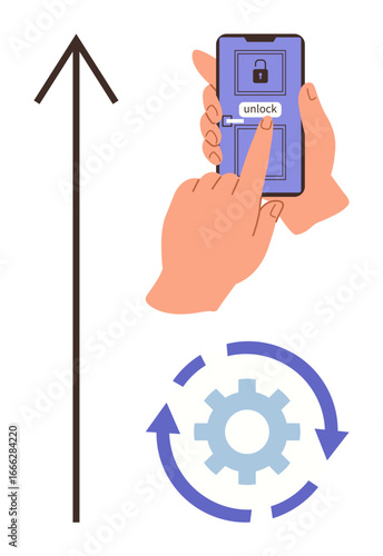 Wallpaper Mural Finger pressing unlock on smartphone, with gear and upward arrow illustrating technology, progress, automation, software, security, innovation, development. Ideal for concepts thumbs up growth Torontodigital.ca
