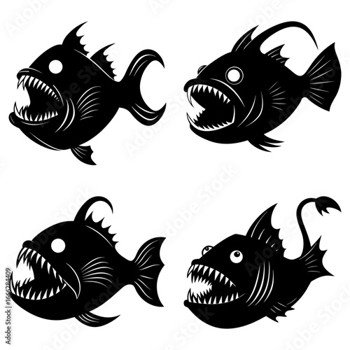 Four black anglerfish illustrations with sharp teeth and glowing lures on a white background design art