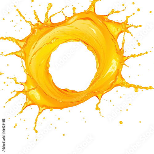 Dynamic orange citrus juice splash creating a circular frame  