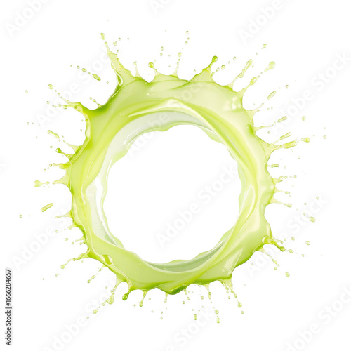 Dynamic celery juice splash in circular shape on white background  