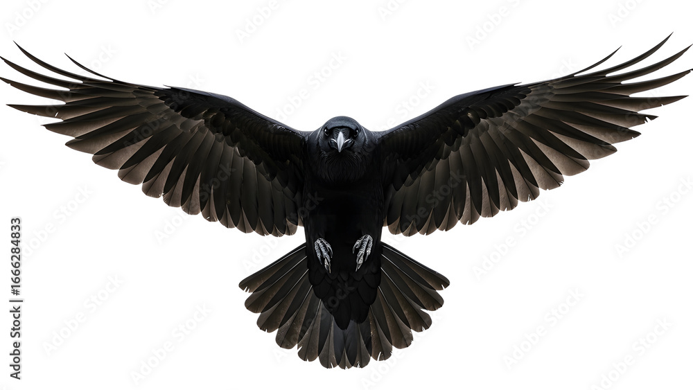 Naklejka premium Black crow flying wings spread isolated on white background raven bird animal wildlife photography 100 on transparent background