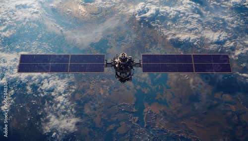 Aerial view of a satellite orbiting Earth, showcasing solar panels against a starry backdrop