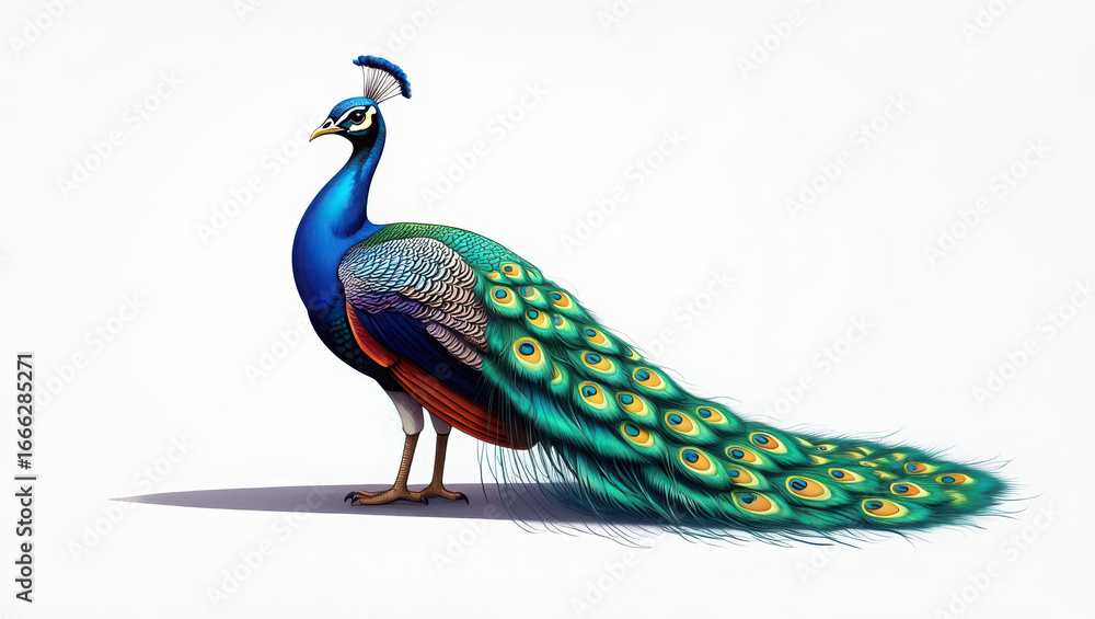 Obraz premium A close-up portrait of a colorful male peafowl with blue plumage and a beautiful green feather tail