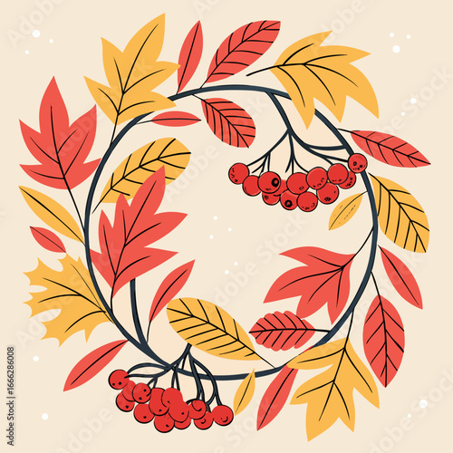 A decorative autumn wreath with colorful leaves and berries in shades of red orange yellow and brown colors