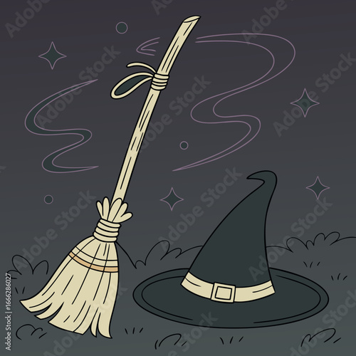 A whimsical illustration of a witch's hat and broomstick under a starlit sky on a grassy patch