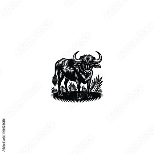 Vintage illustration of a wildebeest standing in tall grass