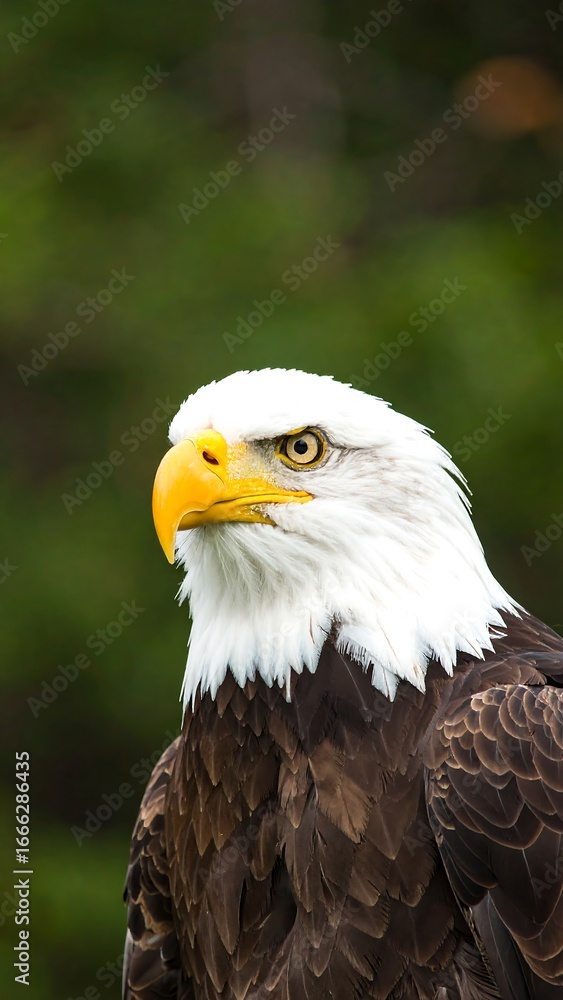 Fototapeta premium A detailed close-up portrait of a bald eagle, showcasing its striking white plumage, contrasting dark brown feathers, and vibrant yellow beak, set against a blurred backdrop of lush green foliage.