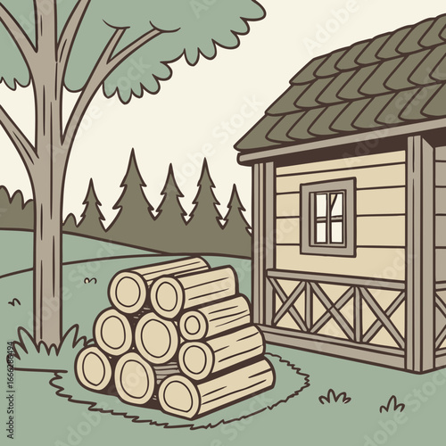 Illustration of a small house with a thatched roof next to a wooden fence and a stack of firewood near trees