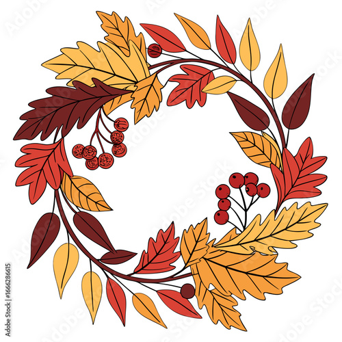 A decorative autumn wreath with colorful leaves and berries in shades of red orange yellow and brown colors