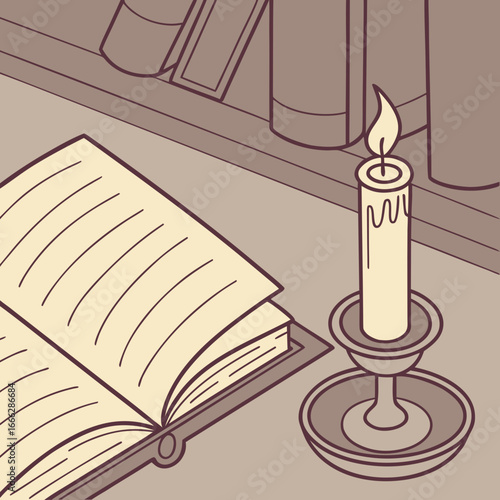 Illustration of an open book with blank pages and a lit candle on a table with a bookshelf behind it