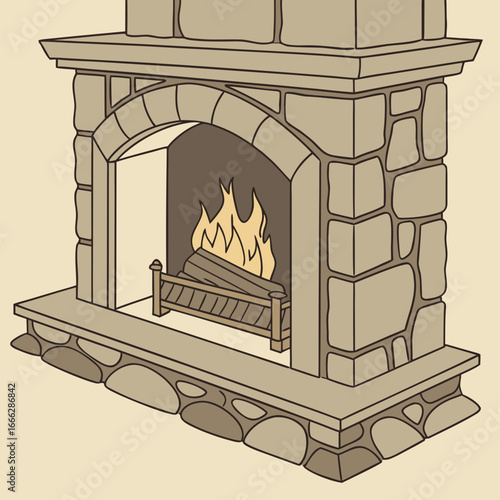 Illustration of a stone fireplace with burning logs and flames inside, set against a light beige background