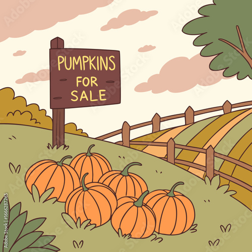 Pumpkins for sale sign with pumpkins in a field under a cloudy sky, with a fence and a tree in autumn colors