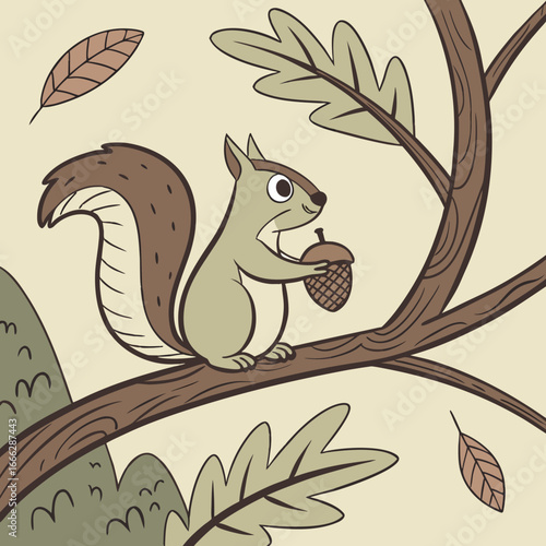 Illustration of a squirrel holding an acorn on a tree branch with leaves and a neutral background color