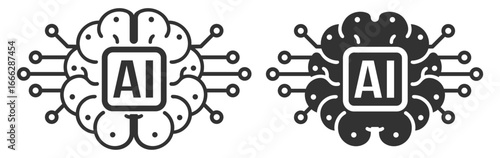 AI brain chip icon set, modern artificial intelligence technology symbol, machine learning vector design on transparent background