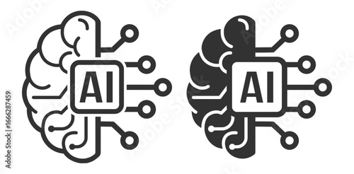 AI brain chip icon set, modern artificial intelligence technology symbol, machine learning vector design on transparent background