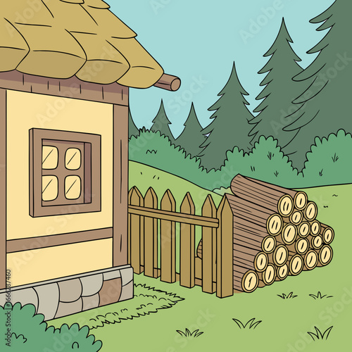 Illustration of a small house with a thatched roof next to a wooden fence and a stack of firewood near trees