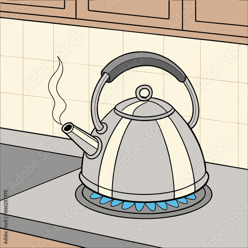 A kettle on a stove with blue flames and steam rising in a kitchen with cabinets and tiled walls near sink