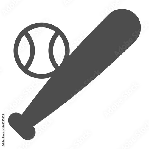 Baseball ball with bat solid icon, baseball game concept. Vector graphics. Bat and ball, sport attribute sign on white background, glyph style icon for mobile or web design.
