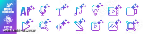 Generate AI icon set, artificial intelligence media buttons for image, video, audio and text, modern UI symbols for apps and websites on transparent background
