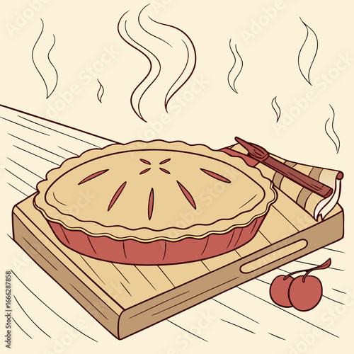 Illustration of a freshly baked pie on a wooden board with cherries and steam rising above it nicely