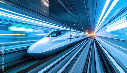 Modern Bullet Train Emerging From Tunnel With Light Trails