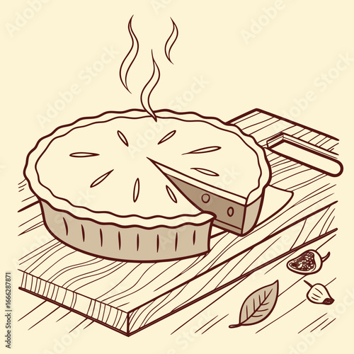 Illustration of a freshly baked pie with a slice cut out, sitting on a wooden board with steam rising