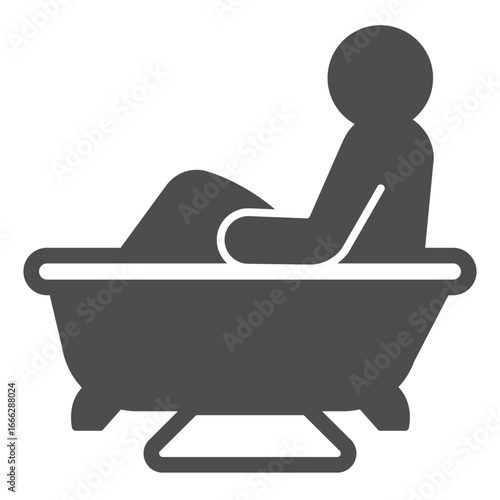 Human in bathtub solid icon, spa salon concept. Vector graphics. Bathroom with towel and mat, bath time sign on white background, glyph style icon for mobile or web design.