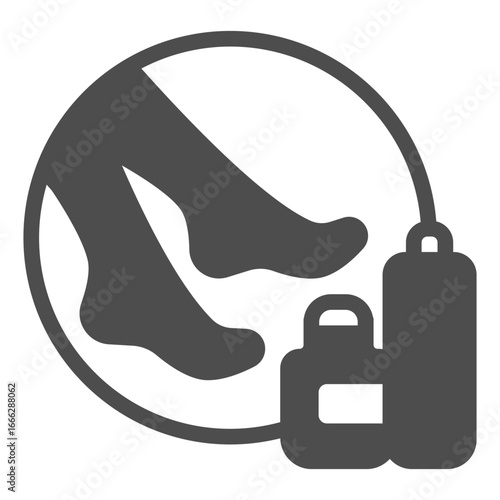 Feet of woman and foot cream jars solid icon, spa salon concept. Vector graphics. Girl foots with oil bundle, therapy sign on white background, glyph style icon for mobile or web design.