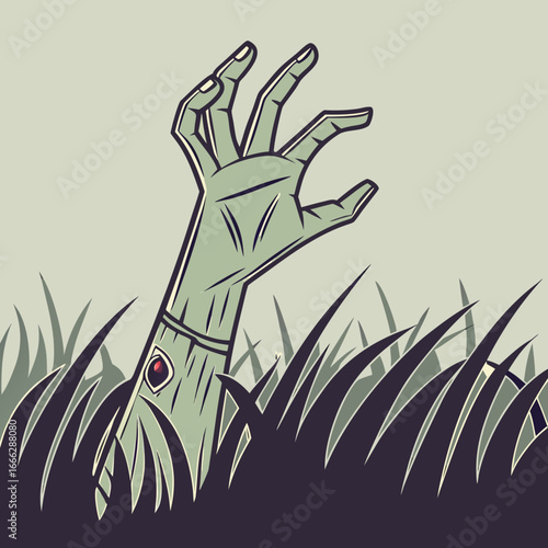 Illustration of a zombie hand emerging from the ground surrounded by tall grass in a spooky scene