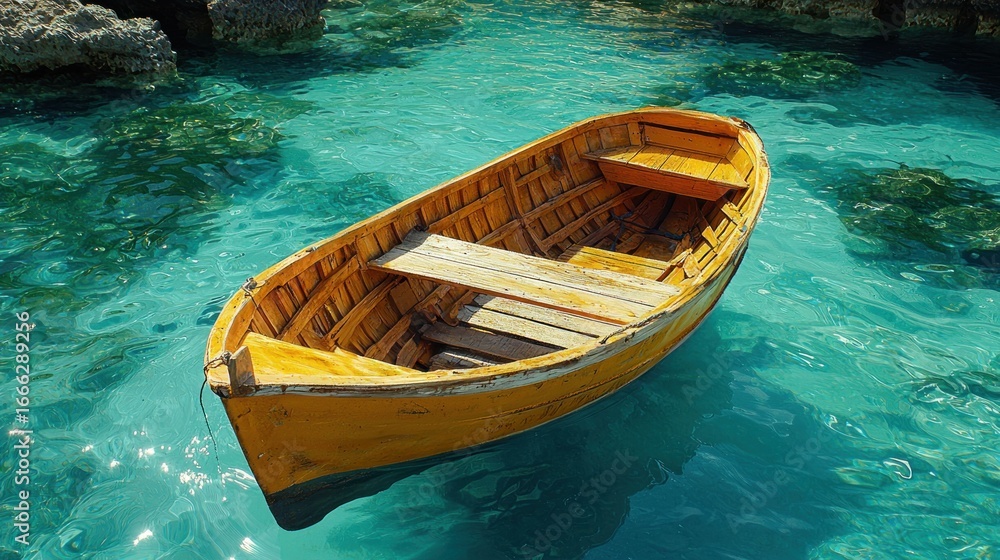 Obraz premium Yellow wooden boat on turquoise water