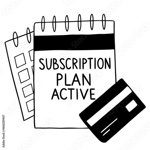 Subscription plan active note with card on paper background  