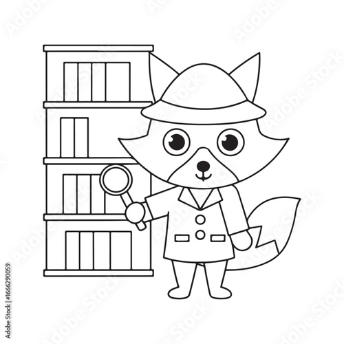 Cartoon Fox Detective with Magnifying Glass and Bookshelf on a White Background investigator mystery