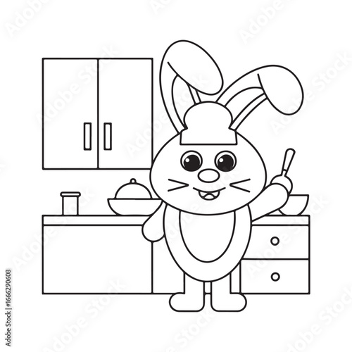 Whimsical cartoon rabbit chef with a spoon in a kitchen setting on a white background bunny animal