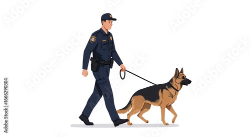 Police Officer Walking with German Shepherd Dog