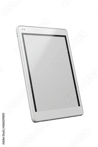 A white tablet computer angled, displaying a blank screen