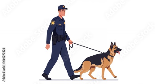 Police Officer Walking with German Shepherd Dog