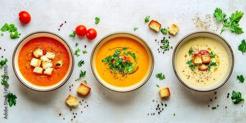 Flatlay of autumn soups in bowls rustic cozy warm seasonal dining
