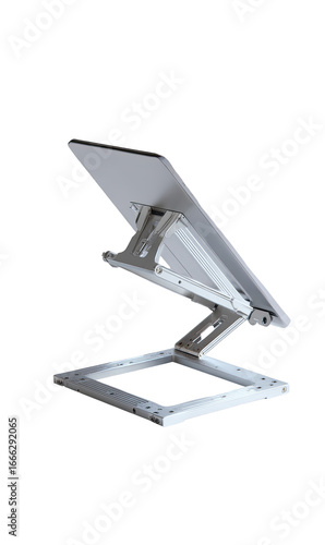 Adjustable, white, angled device stand.  A white, rectangular device stand, angled upward,  with adjustable height and tilt.  Features a flat top surface and a base for stability