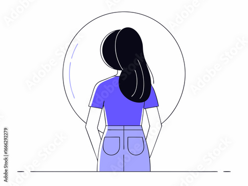The Reflective Gaze: A solitary figure, rendered in modern vector illustration, finds herself lost in contemplation, peering into the depths of a mirrored reflection.