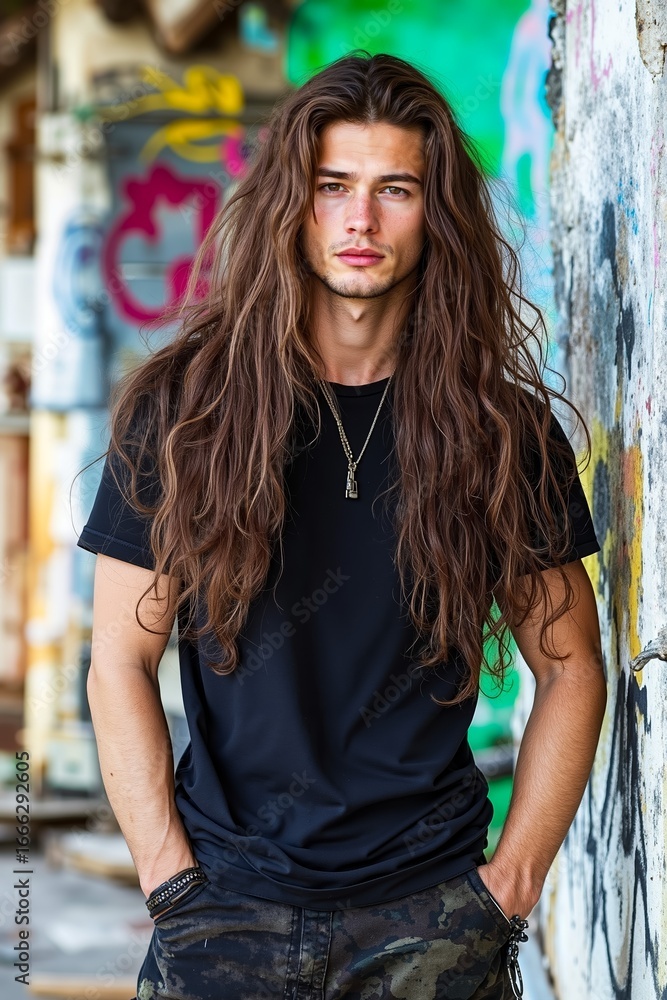Obraz premium A man with long hair standing in front of a graffiti covered wall