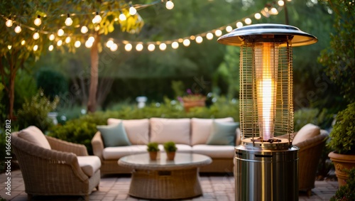 Patio heater outdoor warm evening lights cozy seating design