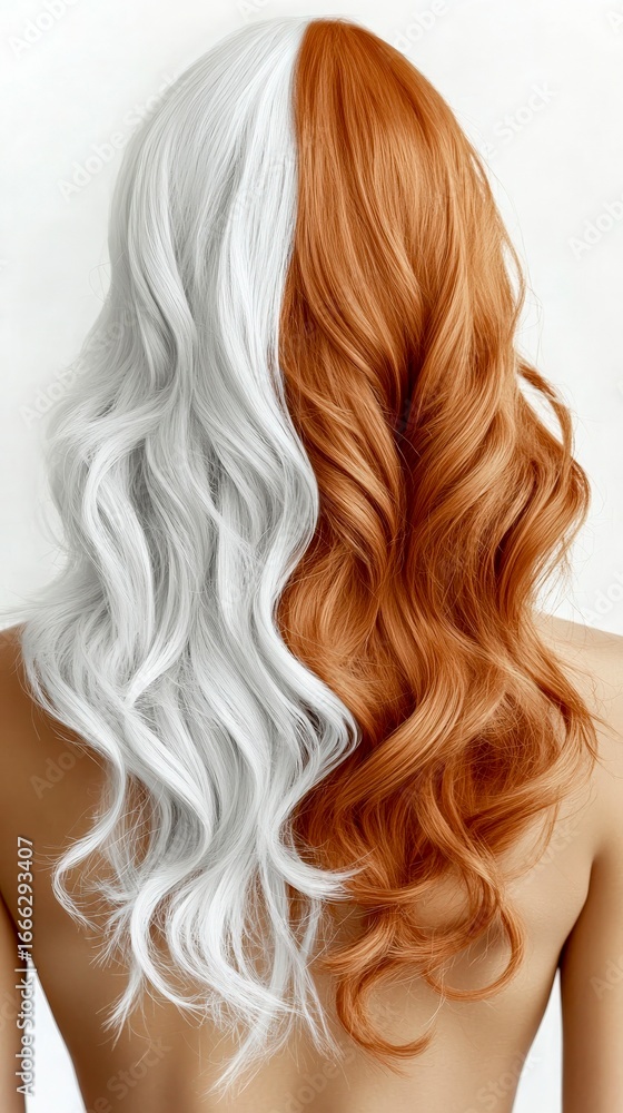 Naklejka premium Symmetrical hairstyle with flowing white and orange color split